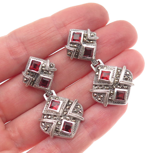 925 Sterling Silver Vintage Real Red Garnet & Marcasite Dangle Earrings