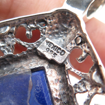 925 Sterling Silver Vintage Mexico Real Lapis Ornate Oxidized Charm Pendant