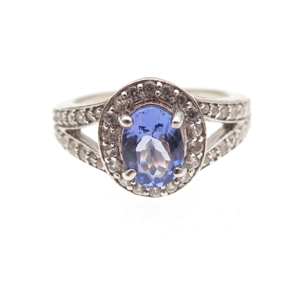 925 Sterling Silver Real Oval-Cut Tanzanite & Round-Cut White Topaz Ring Size 8