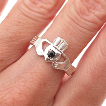 925 Sterling Silver Vintage Real Sapphire Irish Claddagh Ring Size 8.25