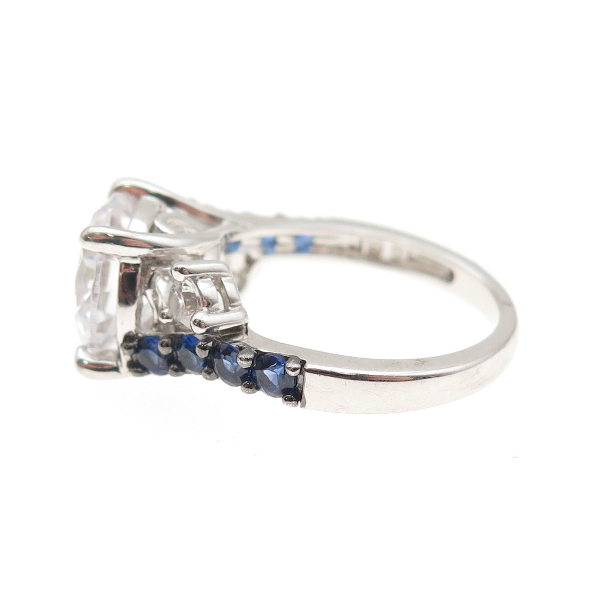 KEY STAR 925 Sterling Silver Real Sapphire & C Z Engagement Ring Size 6