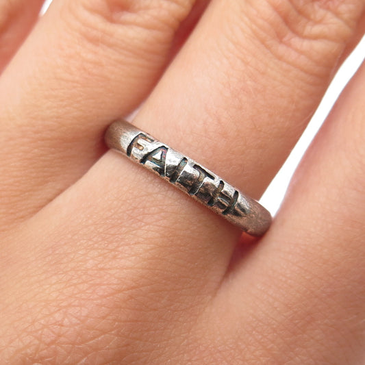 KEN CRAFTS 925 Sterling Silver Vintage Faith Oxidized Band Ring Size 7.75