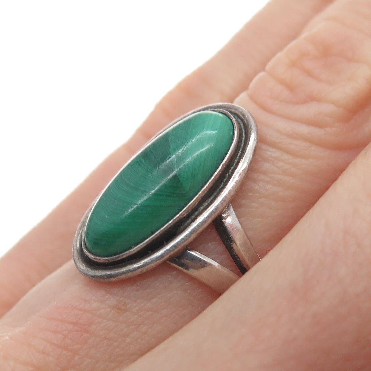Old Pawn 925 Sterling Silver Vintage Real Malachite Gem Oxidized Ring Size 5