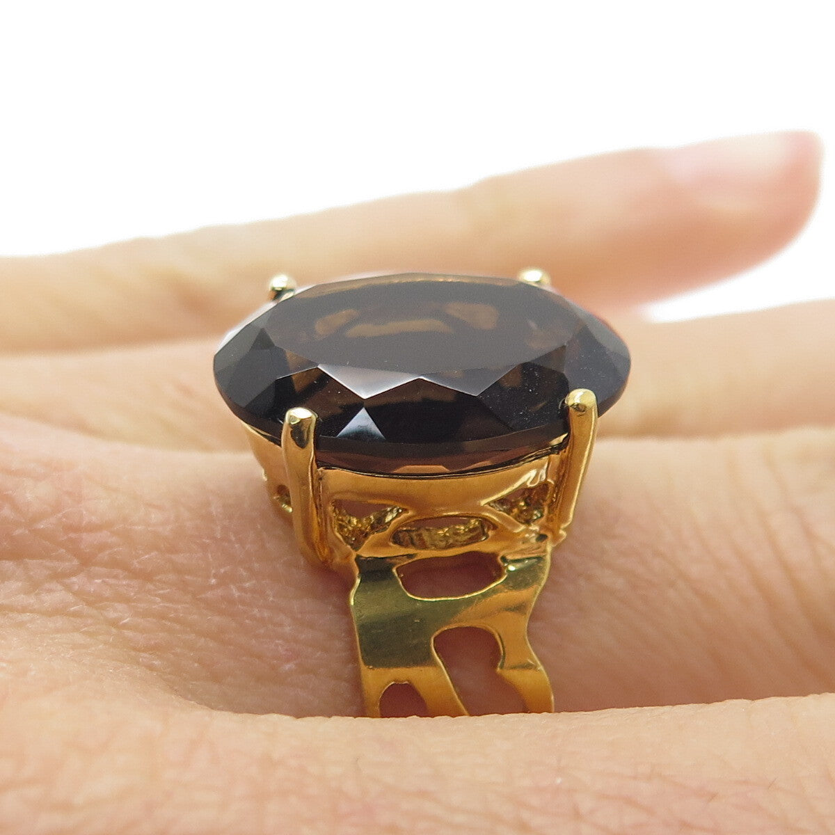BADAVICI 925 Sterling Silver Gold Plated Real Oval-Cut Smoky Quartz Ring Size 8