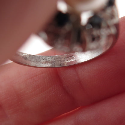 835 Silver Antique Art Deco Real Pearl & Sapphire Bohemian Ring Size 8.25
