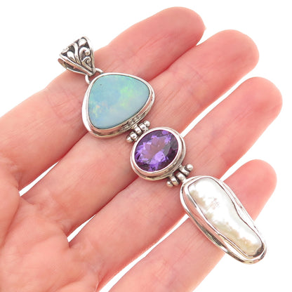 925 Sterling Silver Vintage Real Pearl Opal Lab-Created Peacock Sapphire Pendant