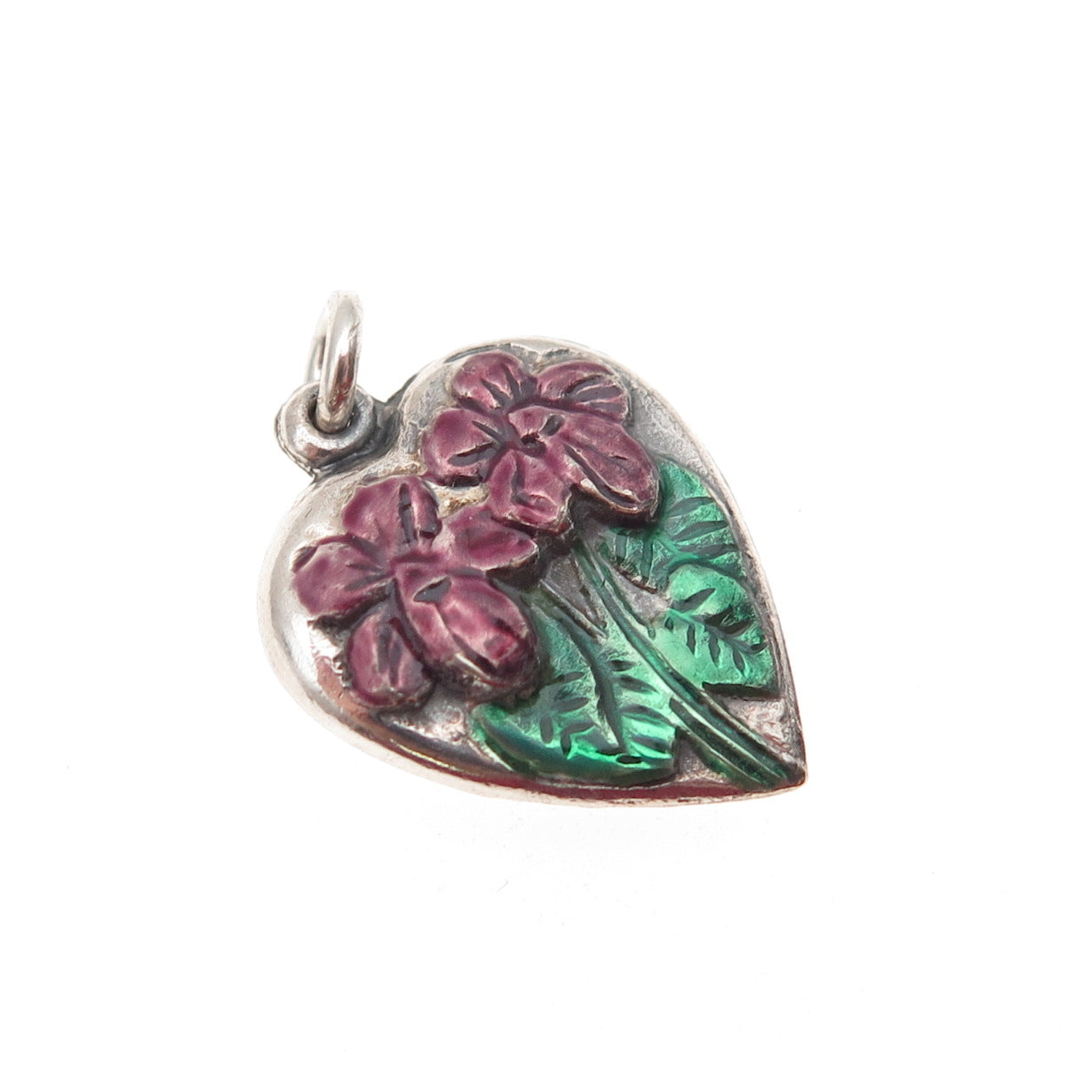 925 Sterling Silver Antique Art Deco Enamel Floral Chatelaine Heart Mini Pendant
