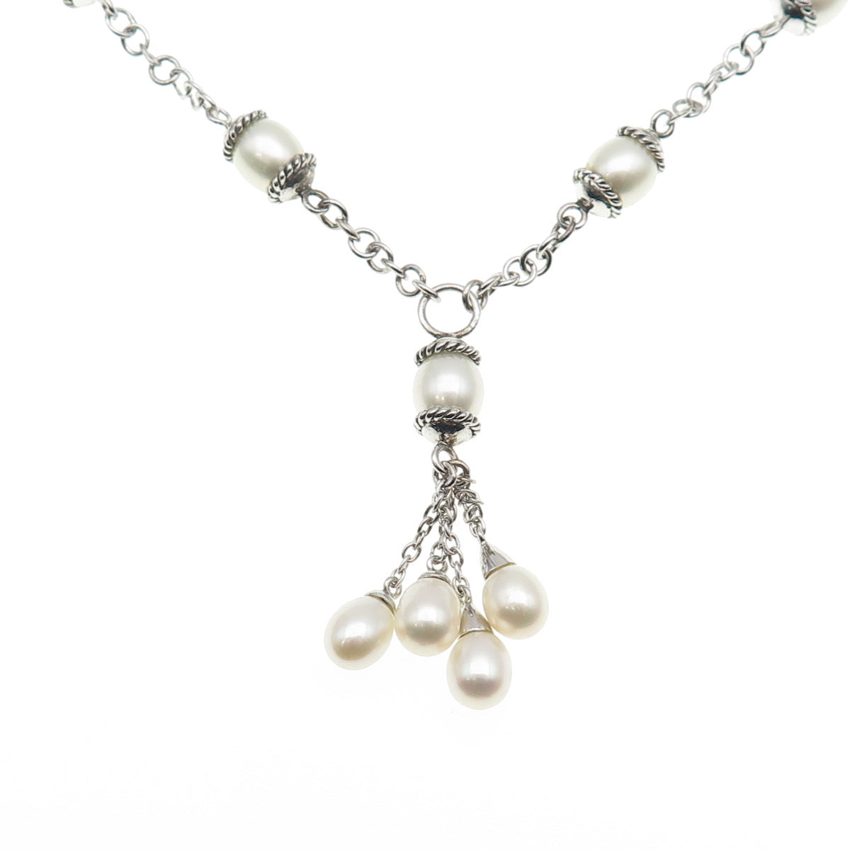 925 Sterling Silver Vintage Real Pearl By The Yard Tassel Chain Necklace 16"