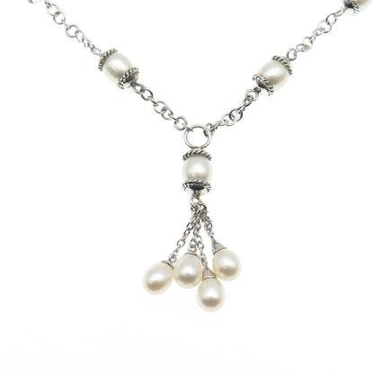 925 Sterling Silver Vintage Real Pearl By The Yard Tassel Chain Necklace 16"
