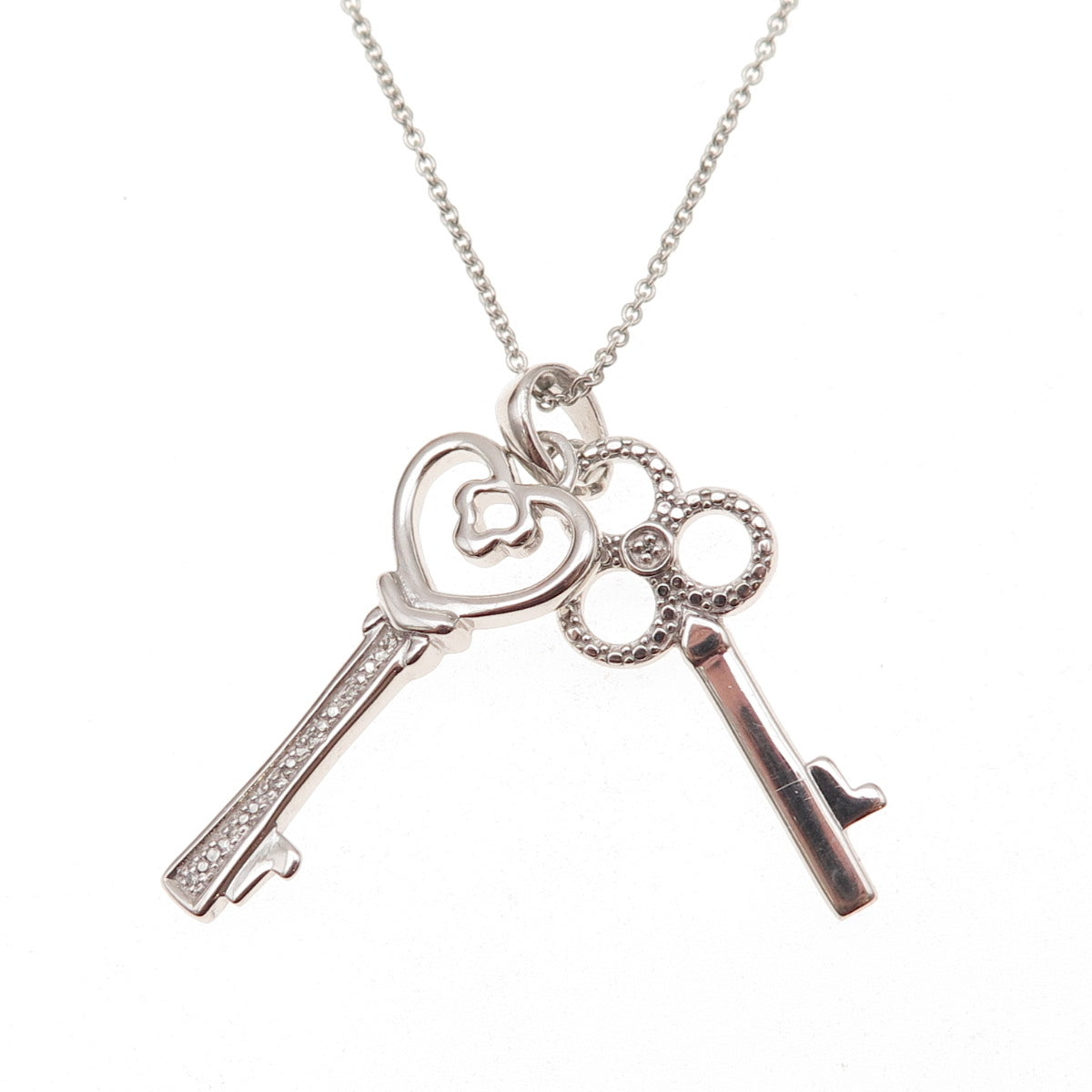 925 Sterling Silver Real Diamond Heart & Club Key Cable Chain Necklace 18"