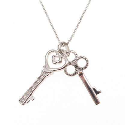 925 Sterling Silver Real Diamond Heart & Club Key Cable Chain Necklace 18"
