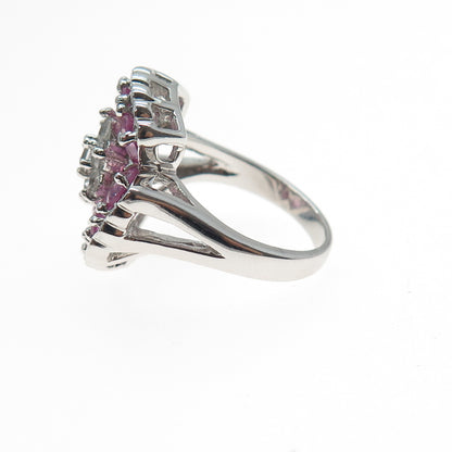925 Sterling Silver Real Pink Topaz & C Z Flower Ring Size 7.25