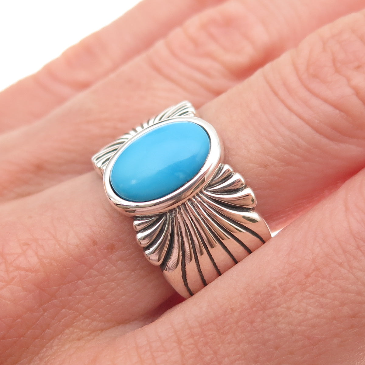 925 Sterling Silver Real Sleeping Beauty Turquoise Floral Ring Size 8.25