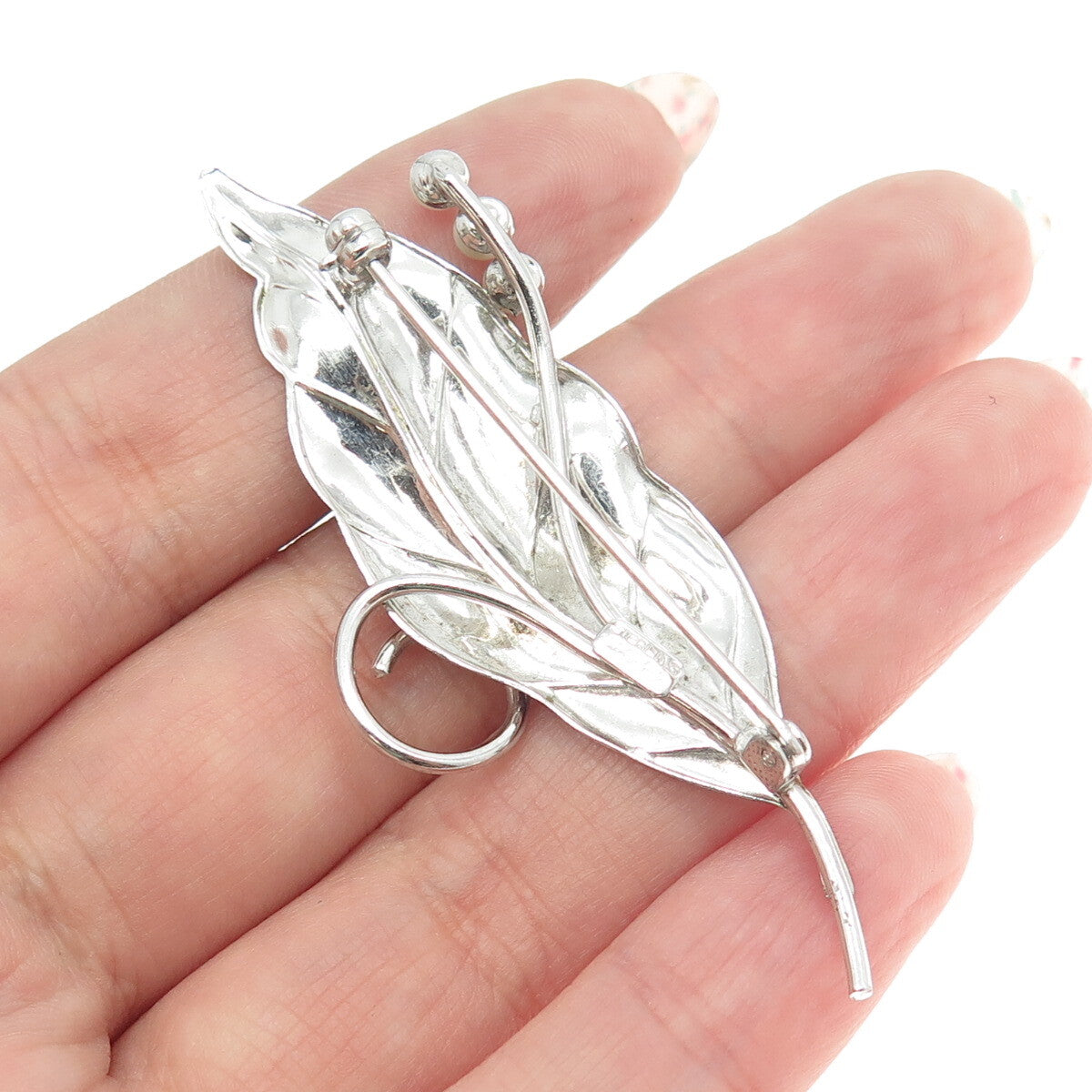 CARL ART 925 Sterling Silver Vintage Real Pearl Laurel Leaf Modernist Pin Brooch