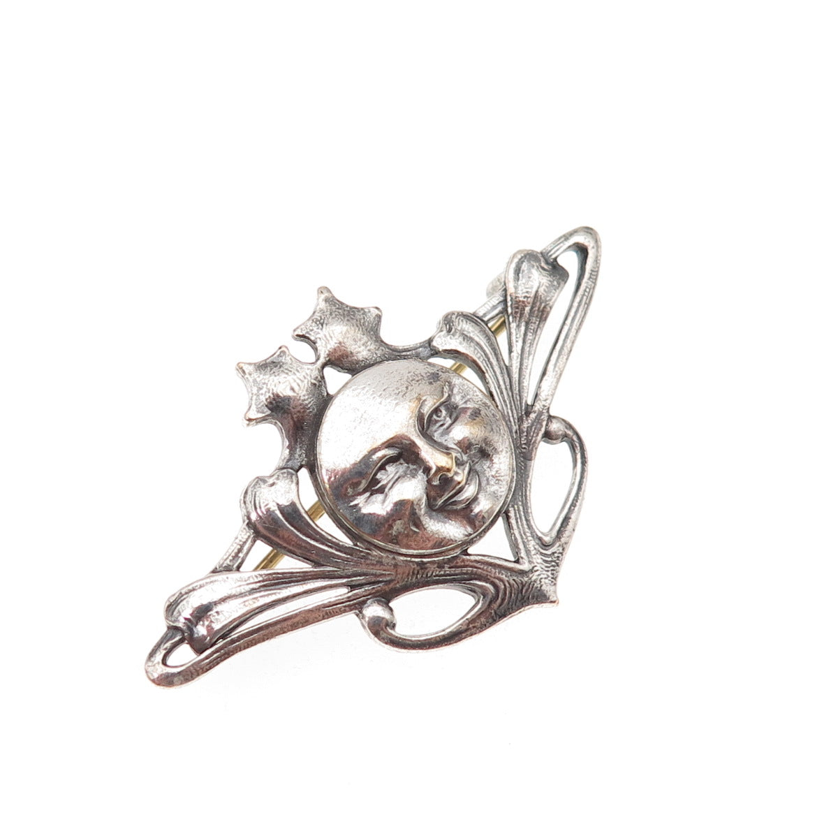 925 Sterling Silver Vintage Moon Face Oxidized Pin Brooch