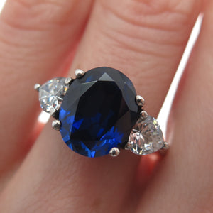 925 Sterling Silver Lab-Created Oval-Cut Sapphire & Heart-Cut C Z Ring Size 6
