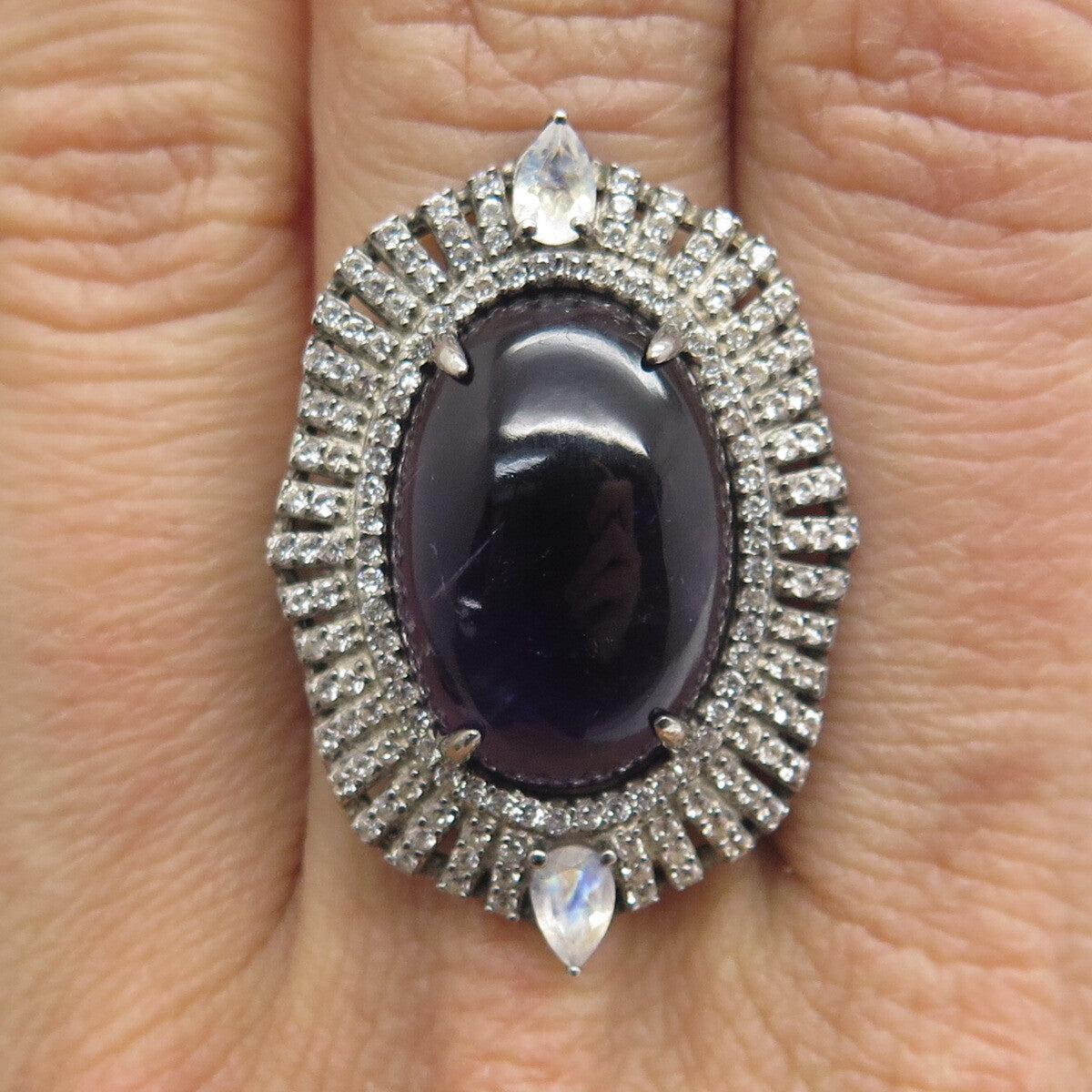 925 Sterling Silver Black Rhodium Vintage Amethyst Moonstone & Topaz Ring Size 7