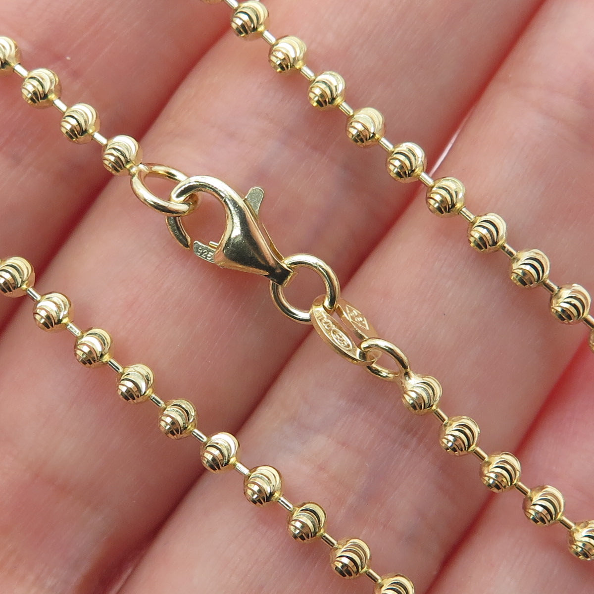 925 Sterling Gold Plated BSI Italy Diamond-Cut Ball Beaded Chain Necklace 28"