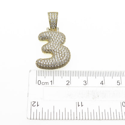 925 Sterling Silver Gold Plated Round-Cut C Z Number 3 Lucky Pendant