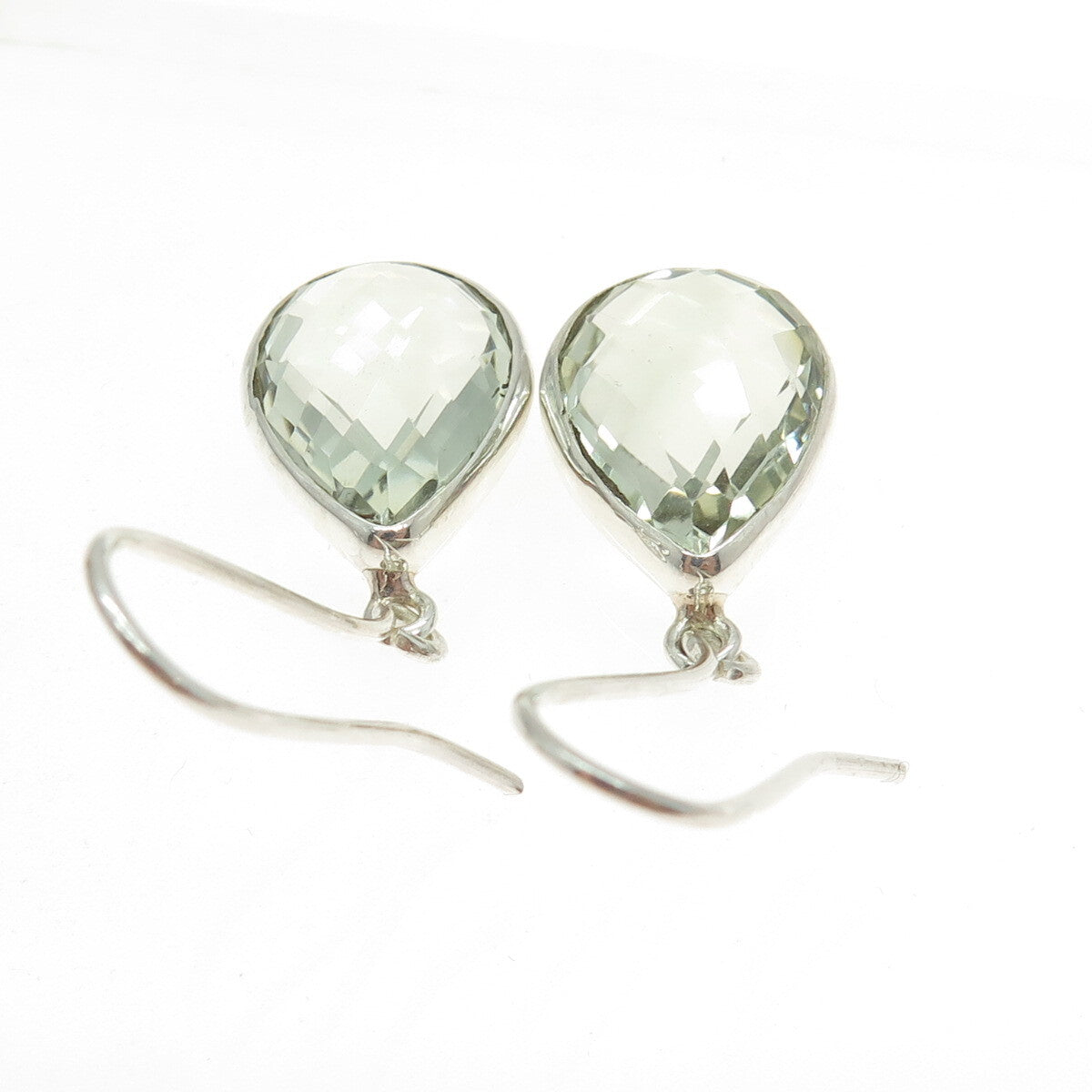 925 Sterling Silver Vintage Real Pear-Cut Green Amethyst Dangling Earrings