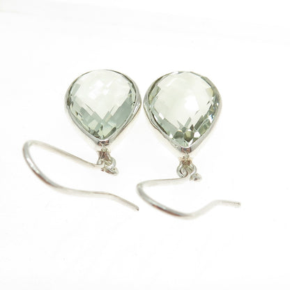 925 Sterling Silver Vintage Real Pear-Cut Green Amethyst Dangling Earrings