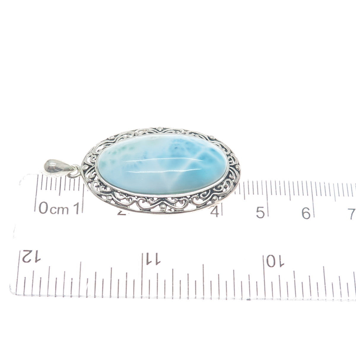 CFJ COLLINS FINE 925 Sterling Silver Real Larimar Gemstone Ornate Oval Pendant