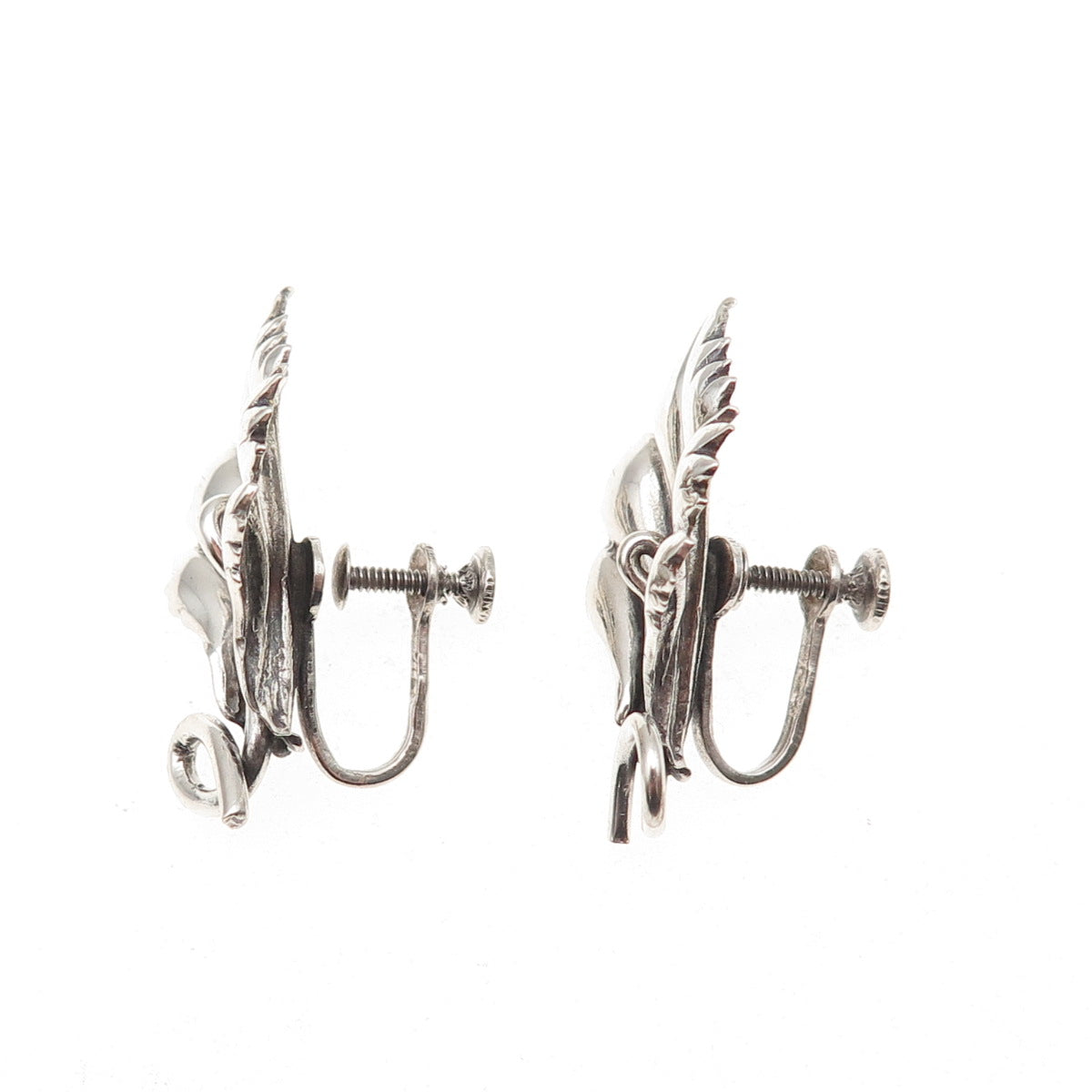 925 Sterling Silver Antique Art Deco Floral Oxidized Screw Back Earrings