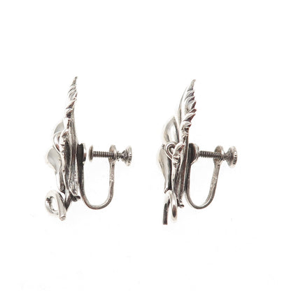 925 Sterling Silver Antique Art Deco Floral Oxidized Screw Back Earrings
