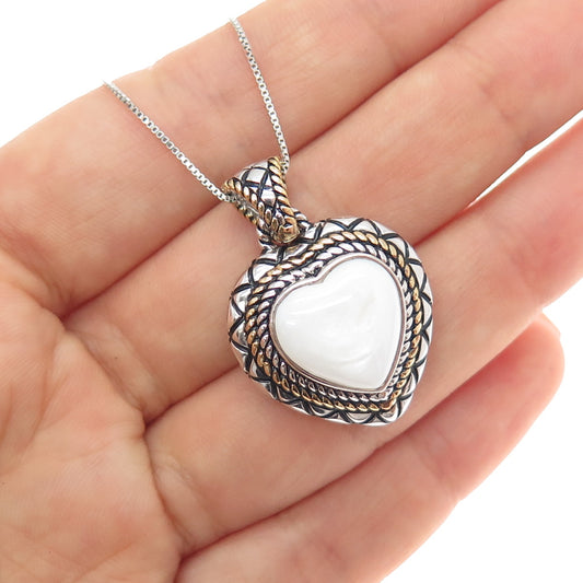 FADI 925 Sterling Silver 2-Tone Vintage Real MOP Heart Box Chain Necklace 18"