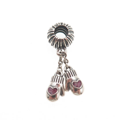 PANDORA 925 Sterling Silver Enamel Heart Winter Mittens Dangle Charm