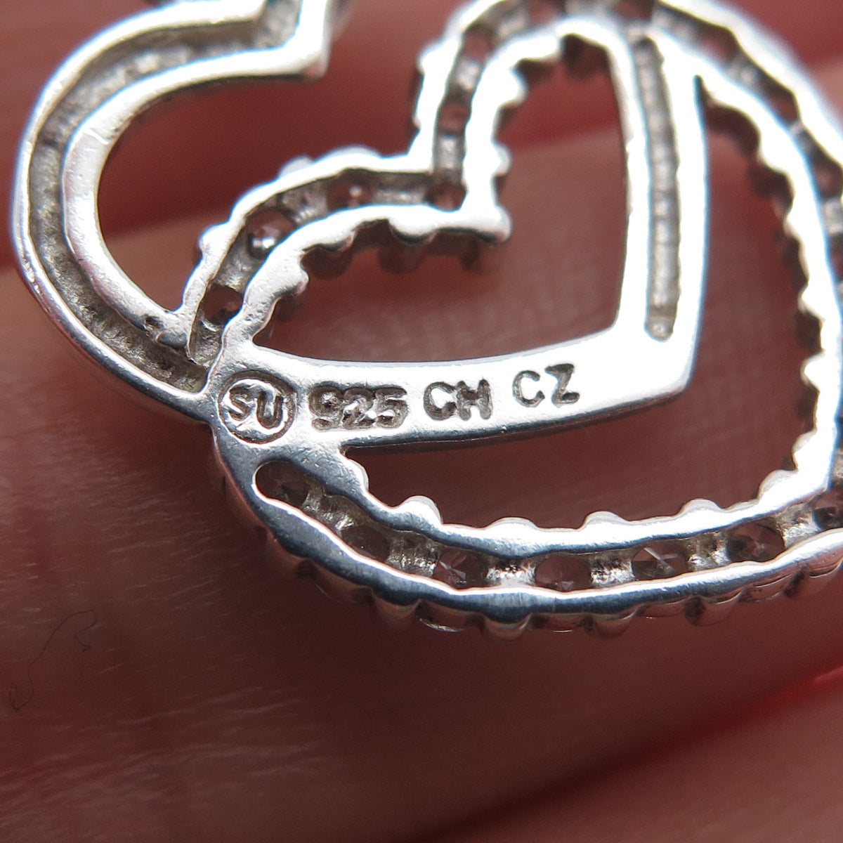 925 Sterling Silver Round-Cut C Z Double Heart Charm Pendant