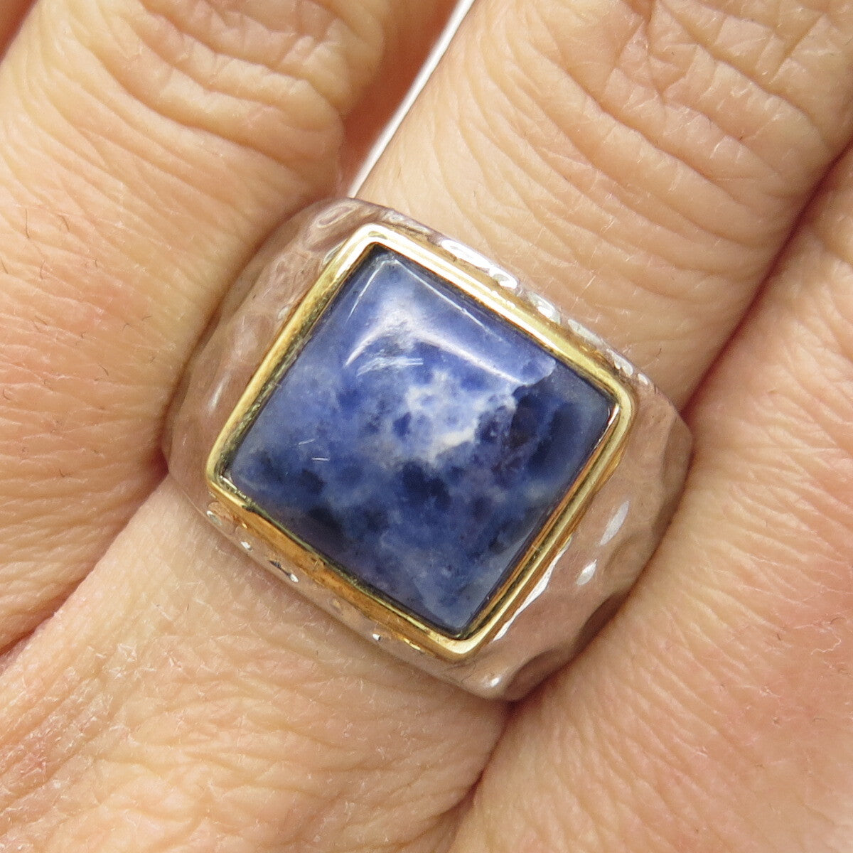 925 Sterling Silver 2-Tone Vintage Real Sodalite Hammered Ring Size 7.5