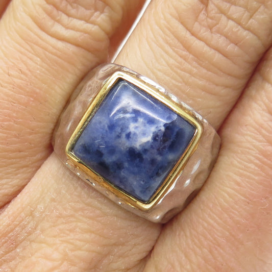925 Sterling Silver 2-Tone Vintage Real Sodalite Hammered Ring Size 7.5