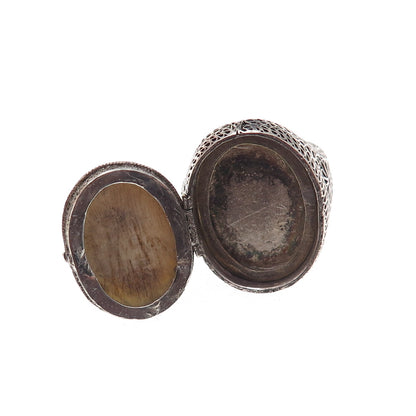 925 Sterling Silver Antique Chinese Lady Filigree Oxidized Poison Ring Size 5.25