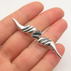 925 Sterling Silver Vintage Real Black Onyx Gemstone Ribbed Pin Brooch