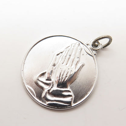 925 Sterling Silver Vintage Hands In Prayer Religious Round Charm Pendant