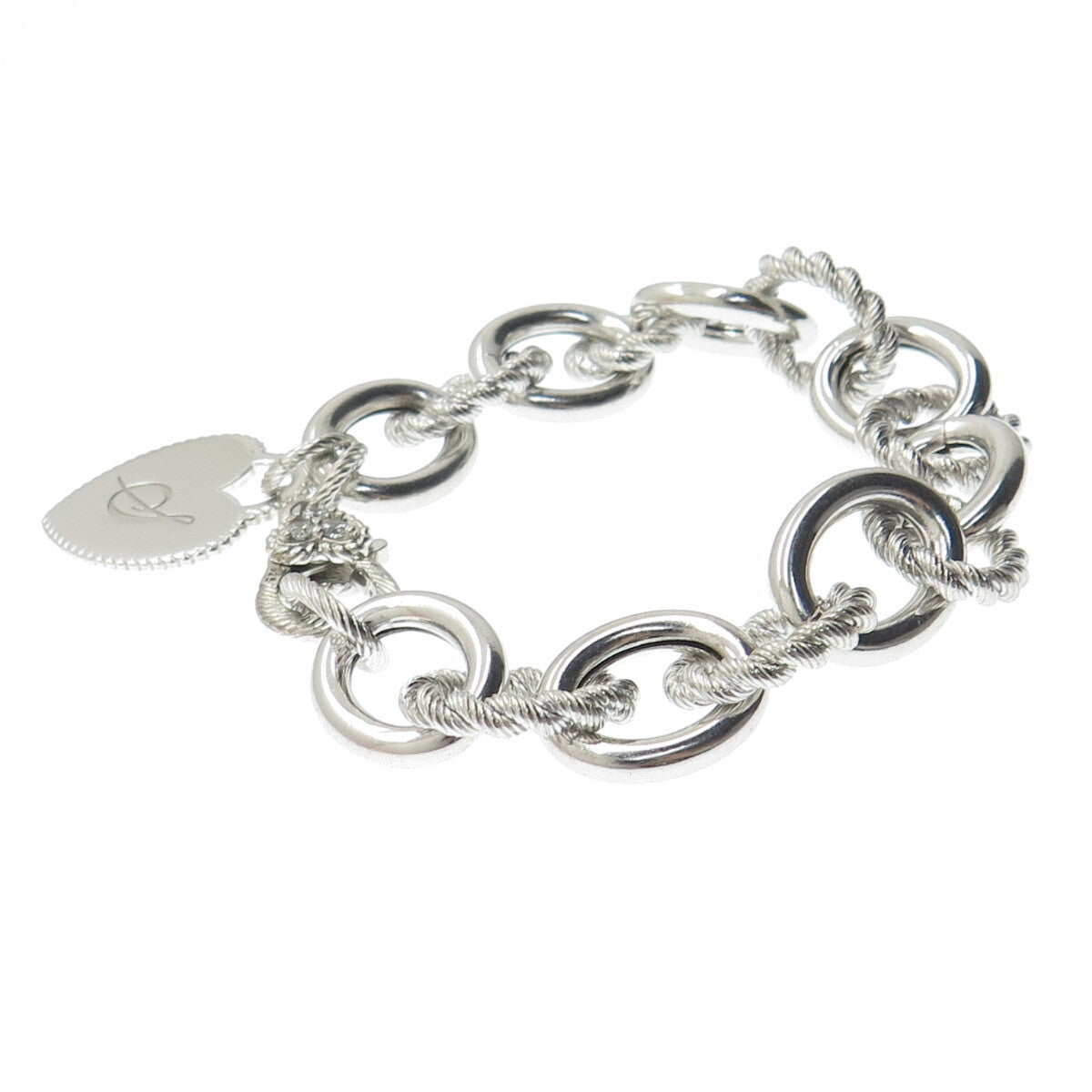 JUDITH RIPKA Sterling Silver C Z Letter "S" Heart Tag Oval Link Bracelet 7.75"