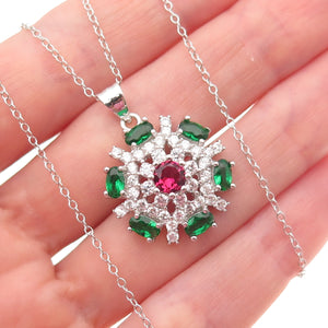 925 Sterling Silver Multi-Color C Z Floral Cable Chain Necklace 18"