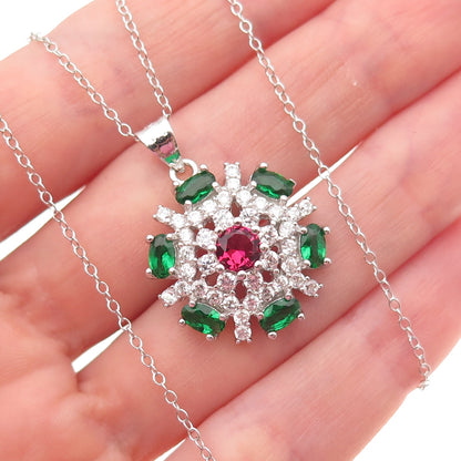 925 Sterling Silver Multi-Color C Z Floral Cable Chain Necklace 18"