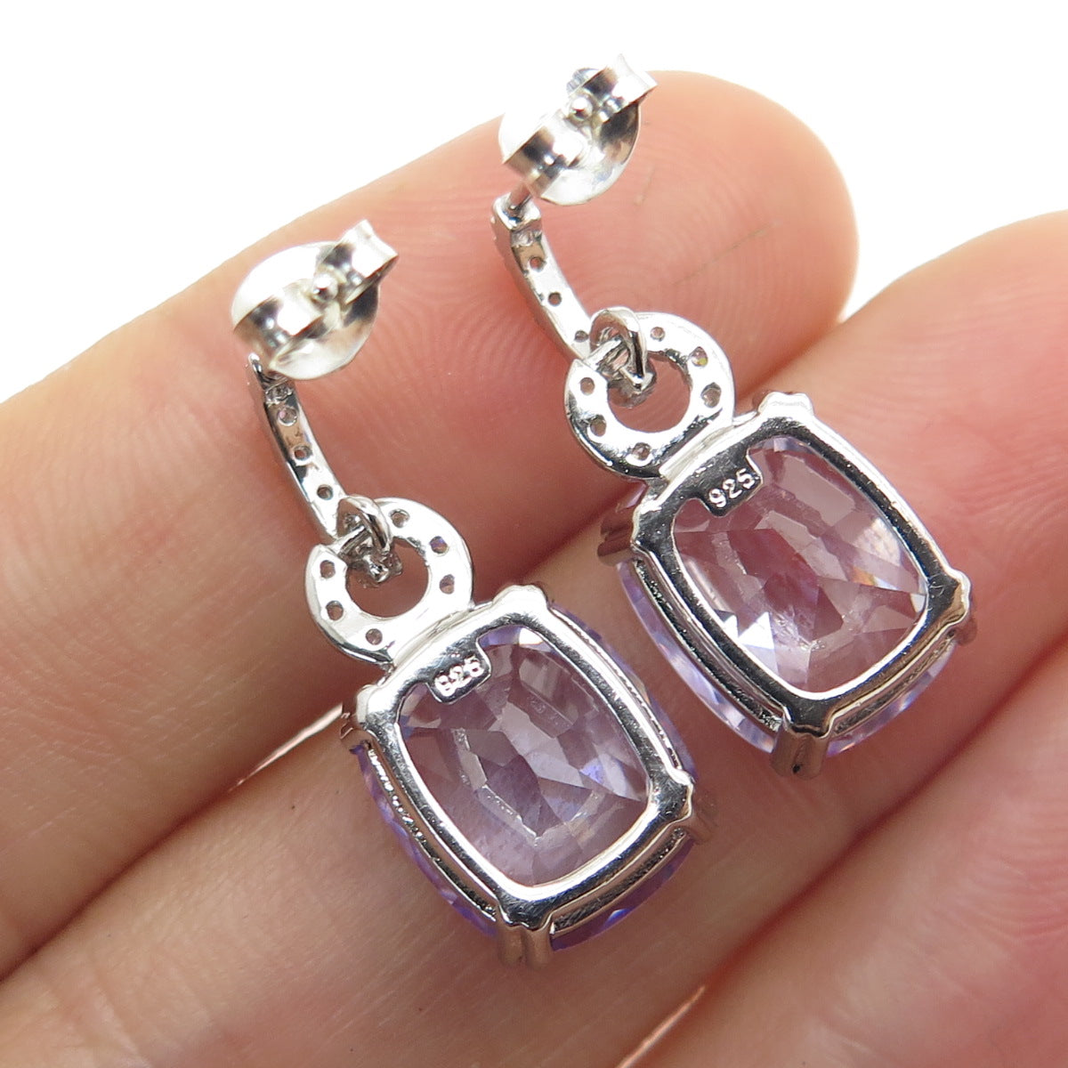 925 Sterling Silver Cushion & Round-Cut Purple White C Z Dangle Earrings