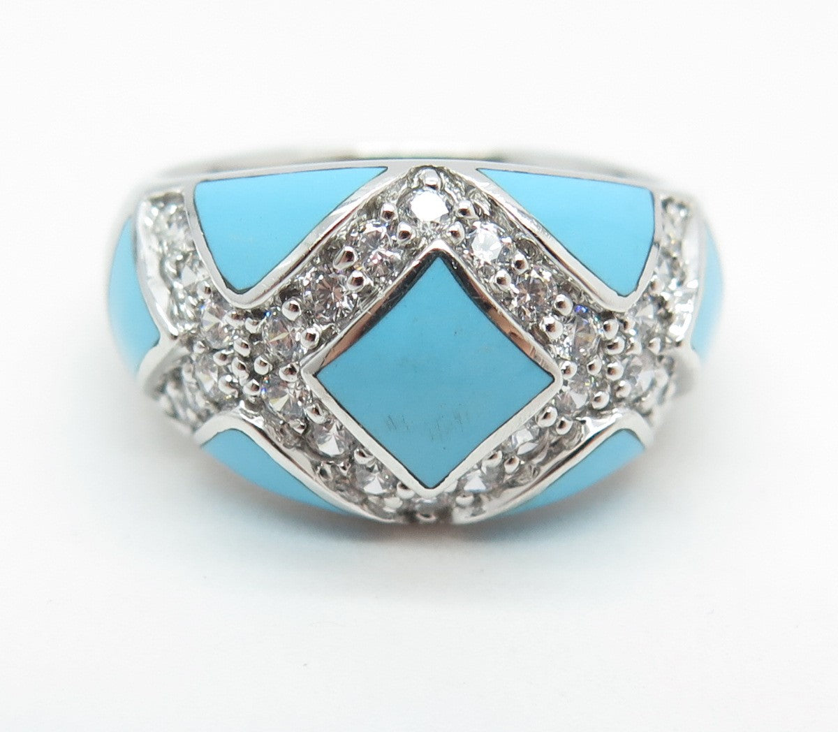 925 Sterling Silver Real Turquoise & Round-Cut C Z "X" Dome Ring Size 11