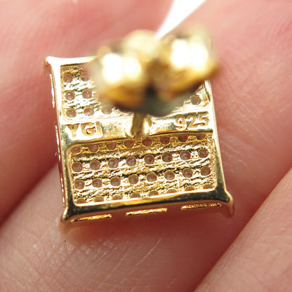 925 Sterling Silver Gold Plated Round-Cut C Z Princess Square Earrings