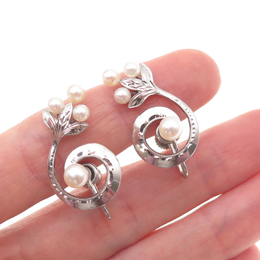 925 Sterling Silver Antique Art Deco Japan Real Akoya Pearl Screw Back Earrings