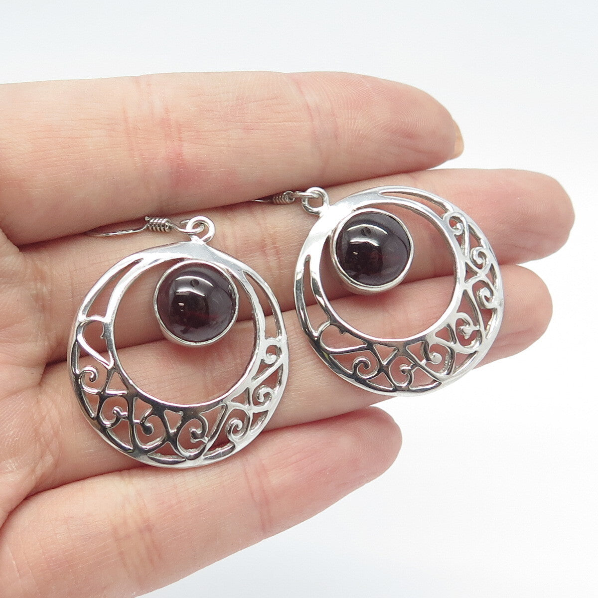 925 Sterling Silver Vintage Real Tourmaline Gemstone Ornate Hook Earrings