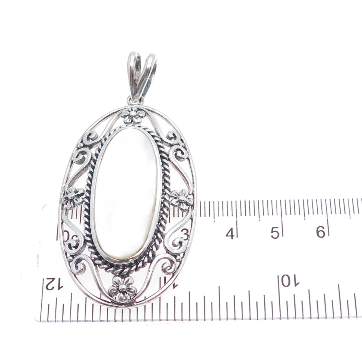 CFJ Collins Fine 925 Sterling Silver Vintage Real MOP Flower Oxidized Pendant