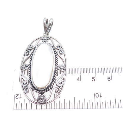 CFJ Collins Fine 925 Sterling Silver Vintage Real MOP Flower Oxidized Pendant