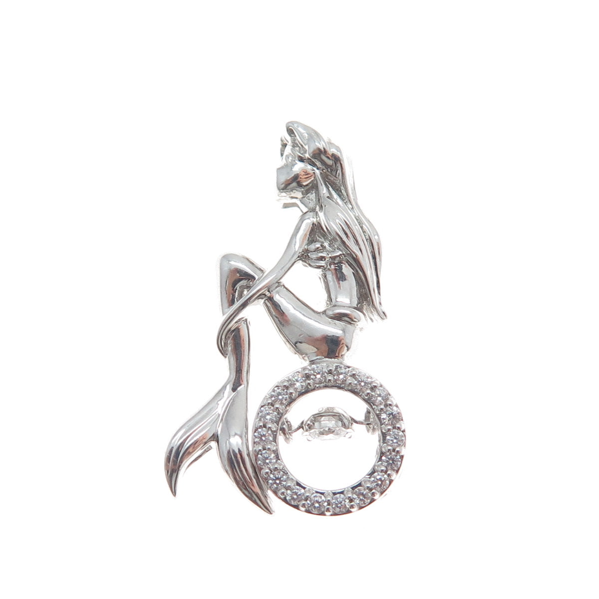 925 Sterling Silver Round-Cut Shaped C Z Mermaid Slide Pendant