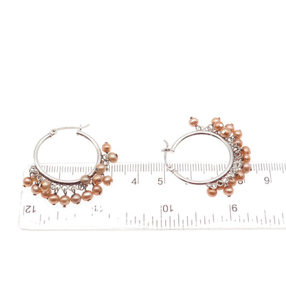 925 Sterling Silver Vintage Real Pearl Dangle Beads Hoop Earrings