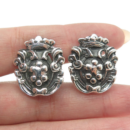 925 Sterling Silver Antique Art Deco Crown Shield Heraldic Screw Back Earrings