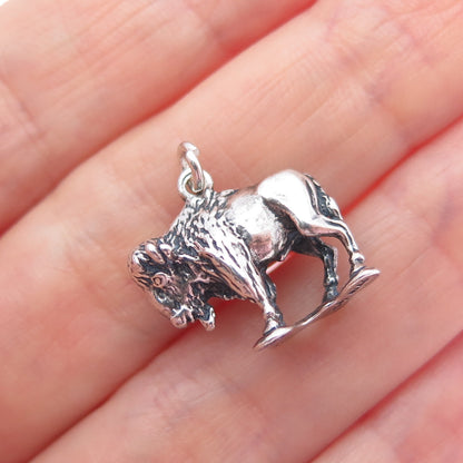 925 Sterling Silver Vintage 1984 Buffalo Oxidized Mini 3D Charm Pendant